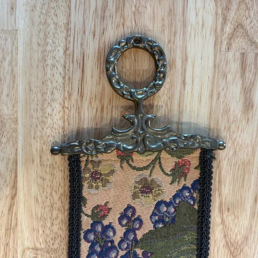 VTG Wall Tapestry Renaissance Woven Art Brass‎ Bell Pull Floral Fruit Capisserie
